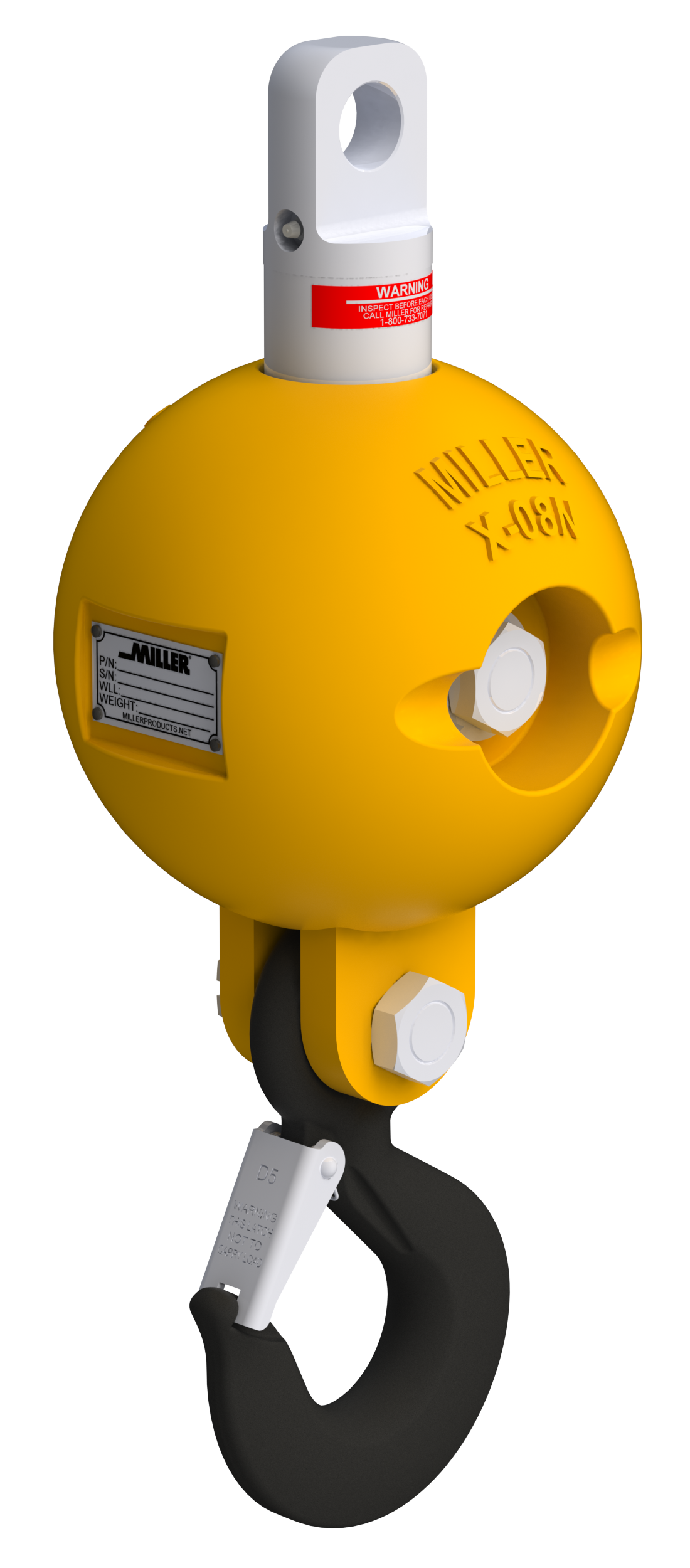 Miller Overhaul Ball Assembly, Model HB16-2N, Type-Eye to Hook, Swivel Model: G3-GG, WLL 10 TON; WT 600 LBS