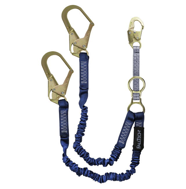 4½' to 6' ElasTech® Energy Absorbing Lanyard, Double-leg with SRL D-ring and Steel Rebar Hooks (8240Y32D)