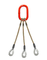 1/2" x 8' 3-leg wire rope sling with oblong master link on top and thimble eyes on bottom