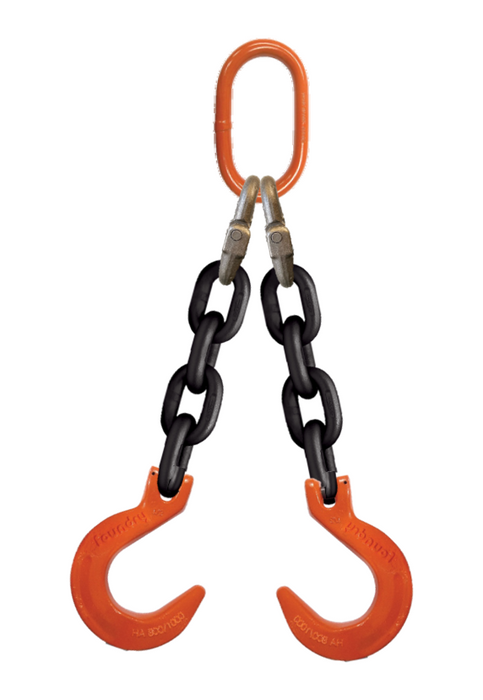 Double-leg chain assembly with oblong master link on top and foundry hook on bottom