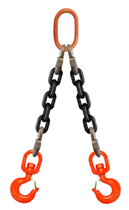 Double-leg chain assembly with oblong master link on top and swivel rigging/latch hooks on bottom