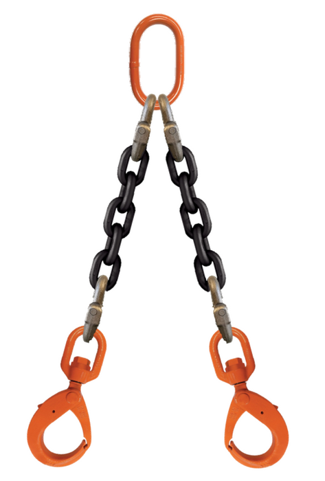 Double-leg chain assembly with oblong master link on top and swivel self-locking hooks on bottom