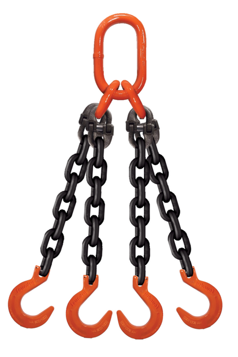 Four-leg chain assembly with sub-assembly on top and foundry hooks on bottom