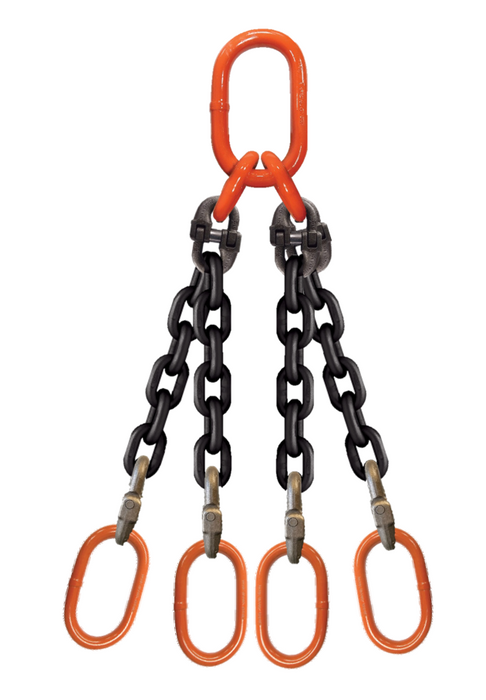 Four-leg chain assembly with sub-assembly on top and oblong master links on bottom