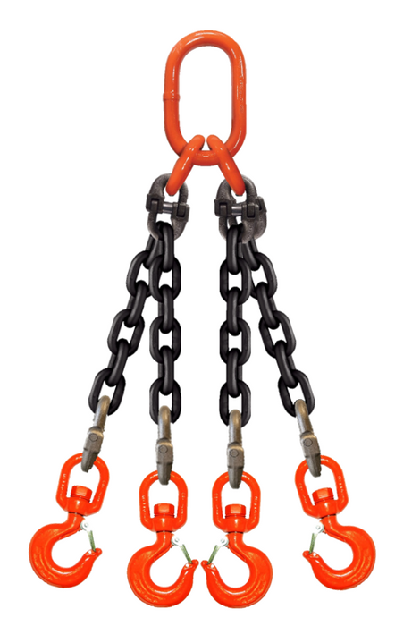 Four-leg chain assembly with sub-assembly on top and swivel rigging/latch hooks on bottom