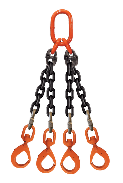 Four-leg chain assembly with sub-assembly on top and swivel self-locking hooks on bottom