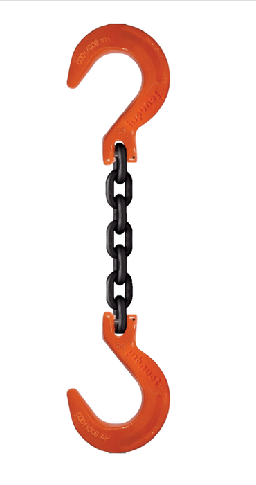 Single-leg chain assembly with foundry hooks on each end