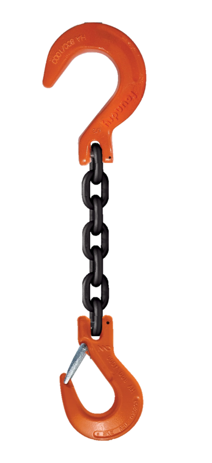 Single-leg chain assembly with foundry hook on one end and rigging/lat ...