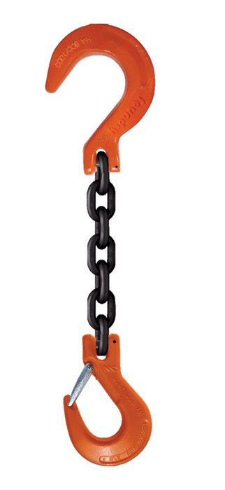 Single-leg chain assembly with foundry hook on one end and rigging/latch hook on other end
