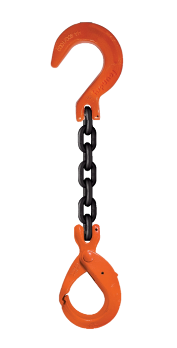Single-leg chain assembly with foundry hook on one end and self locking hook on other end