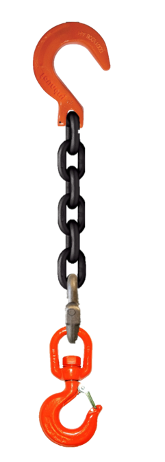Single-leg chain assembly with foundry hook on one end and swivel rigging/latch hook on other end