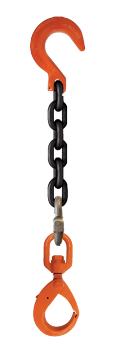 Single-leg chain assembly with foundry hook on one end and swivel self locking hook on other end