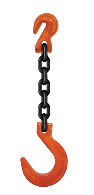 Single-leg chain assembly with grab hook on one end and foundry hook on other end