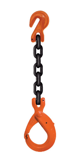 Single-leg chain assembly with grab hook on one end and self locking hook on other end