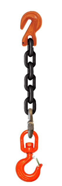 Single-leg chain assembly with grab hook on one end and swivel rigging/latch hook on other end