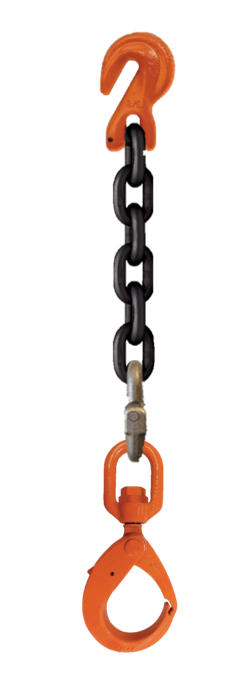 Single-leg chain assembly with grab hook on one end and swivel self locking hook on other end