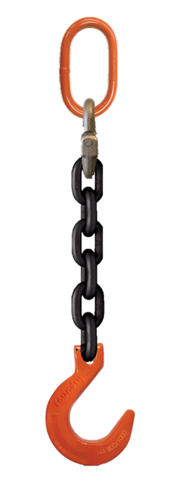 Single-leg chain assembly with oblong master link on top and foundry hook on bottom