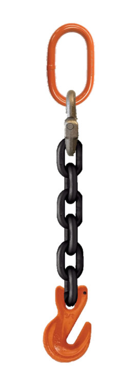 Single-leg chain assembly with oblong master link on one end and grab hook on other end