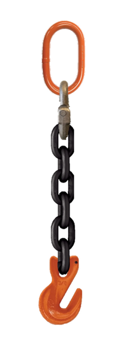 Single-leg chain assembly with oblong master link on one end and grab hook on other end