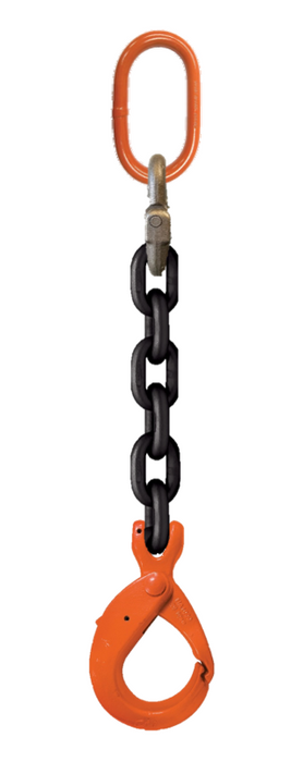 Single-leg chain assembly with oblong master link on top and self locking hook on bottom