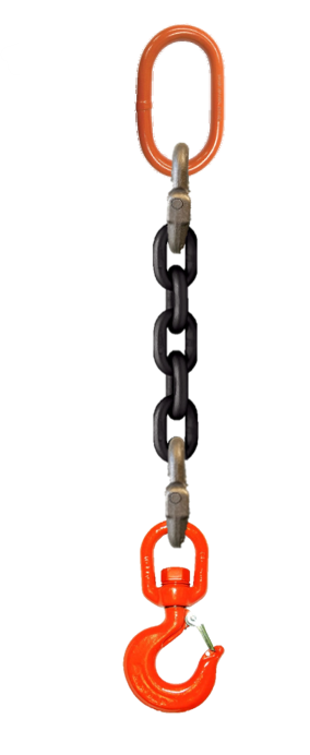 Single-leg chain assembly with oblong master link on top and swivel rigging/latch hook on bottom