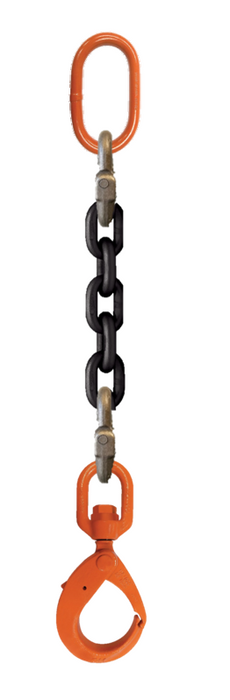 Single-leg chain assembly with oblong master link on top and swivel self locking hook on bottom