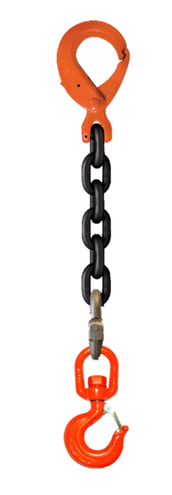 Single-leg chain assembly with self locking hook on one end and swivel rigging/latch hook on other end