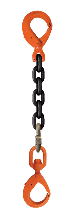 Single-leg chain assembly with self locking hook on one end and swivel self locking hook on other end