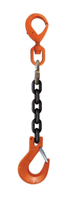 Single-leg chain assembly with swivel self locking hook on one end and rigging/latch hook on other end