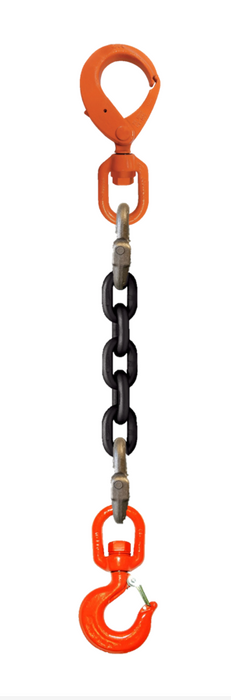 Single-leg chain assembly with swivel self locking hook on one end and swivel rigging/latch hook on other end