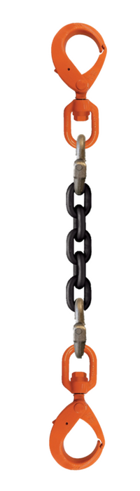Single-leg chain assembly with swivel self locking hooks on each end