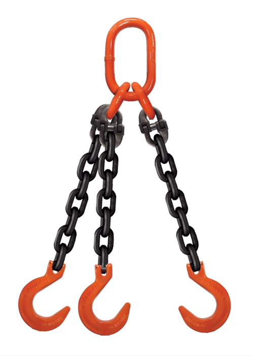 Triple-leg chain assembly with oblong master link on top and foundry hooks on bottom