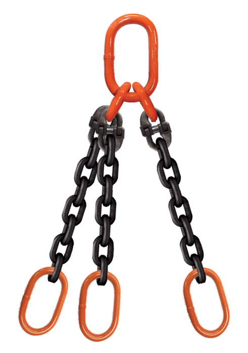 Triple-leg chain assembly with sub-assembly on top and oblong master links on bottom