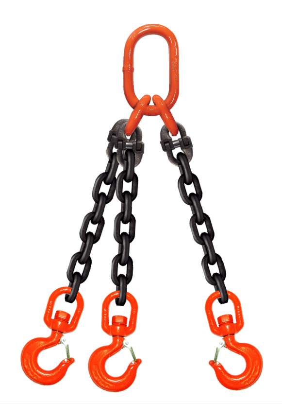 Triple-leg chain assembly with sub-assembly on top and swivel rigging ...