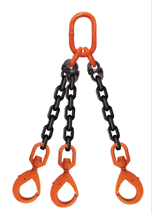 Triple-leg chain assembly with sub-assembly on top and swivel-self locking hooks on bottom