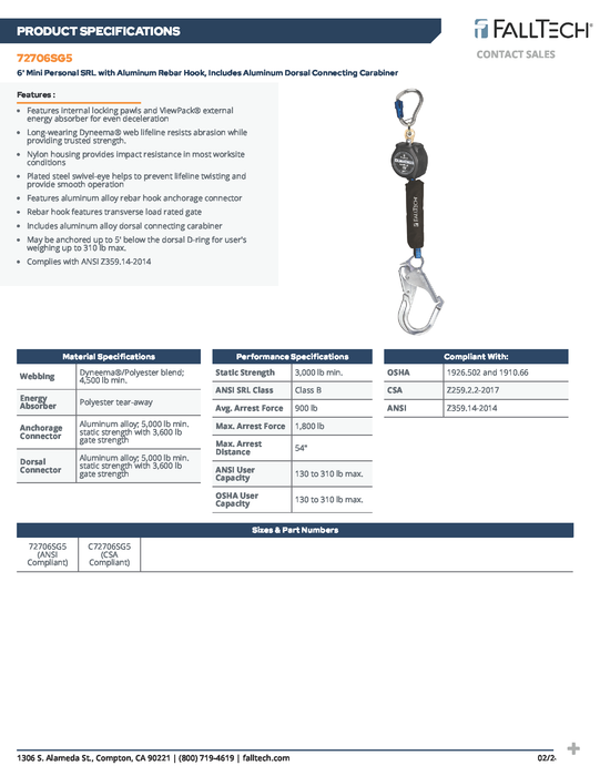 6' Web Mini SRD Single-leg Alum Carab+Alum Rebar Hook (PN 72706SG5)