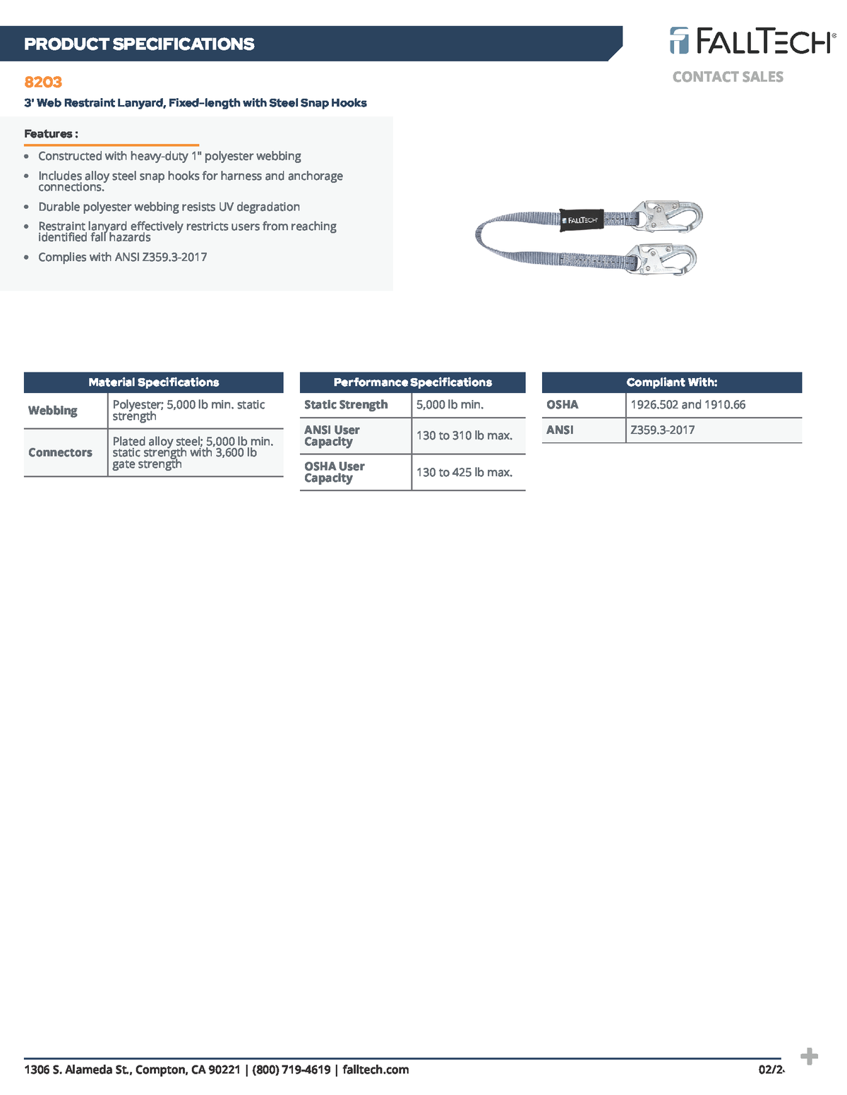 Falltech 8206 6' Restraint Lanyard; Web with Snap Hooks (PN 8206) – Maskell Rigging ...
