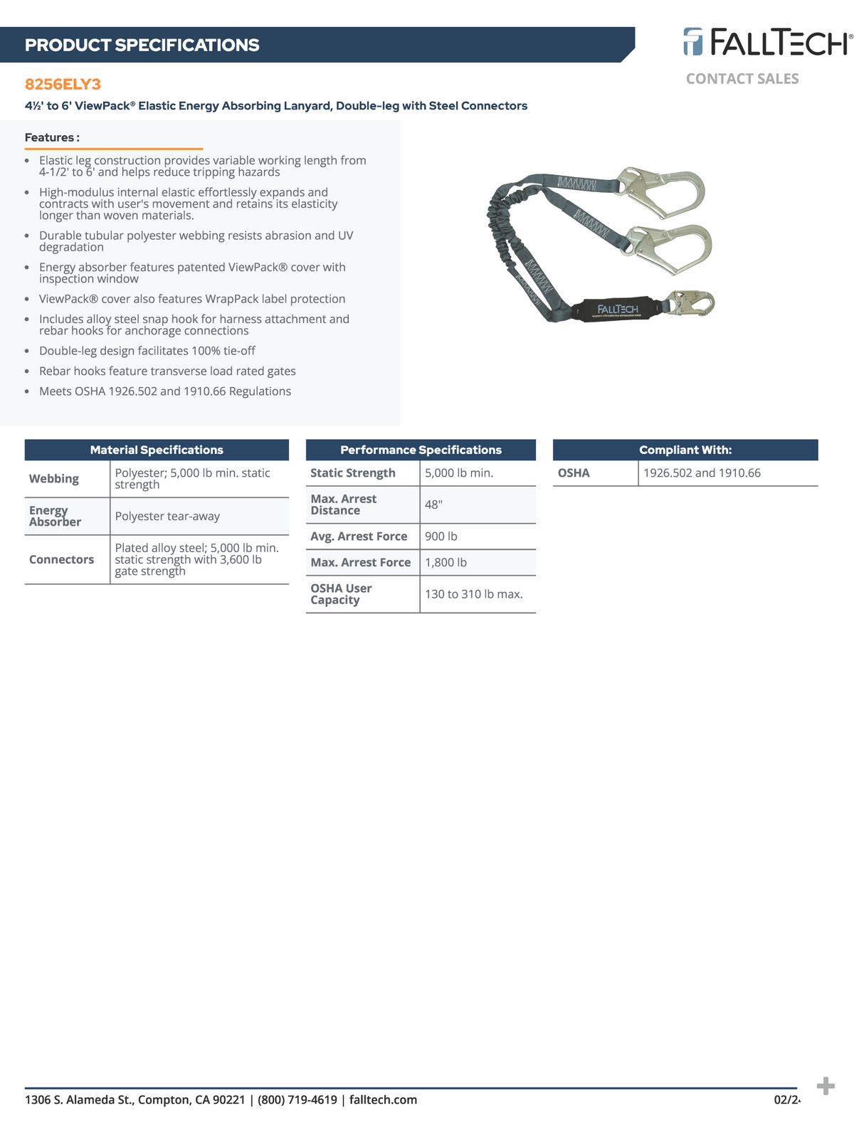 4½' to 6' ViewPack® Elastic Energy Absorbing Lanyard, Double-leg with Steel Connectors (8256ELY3)