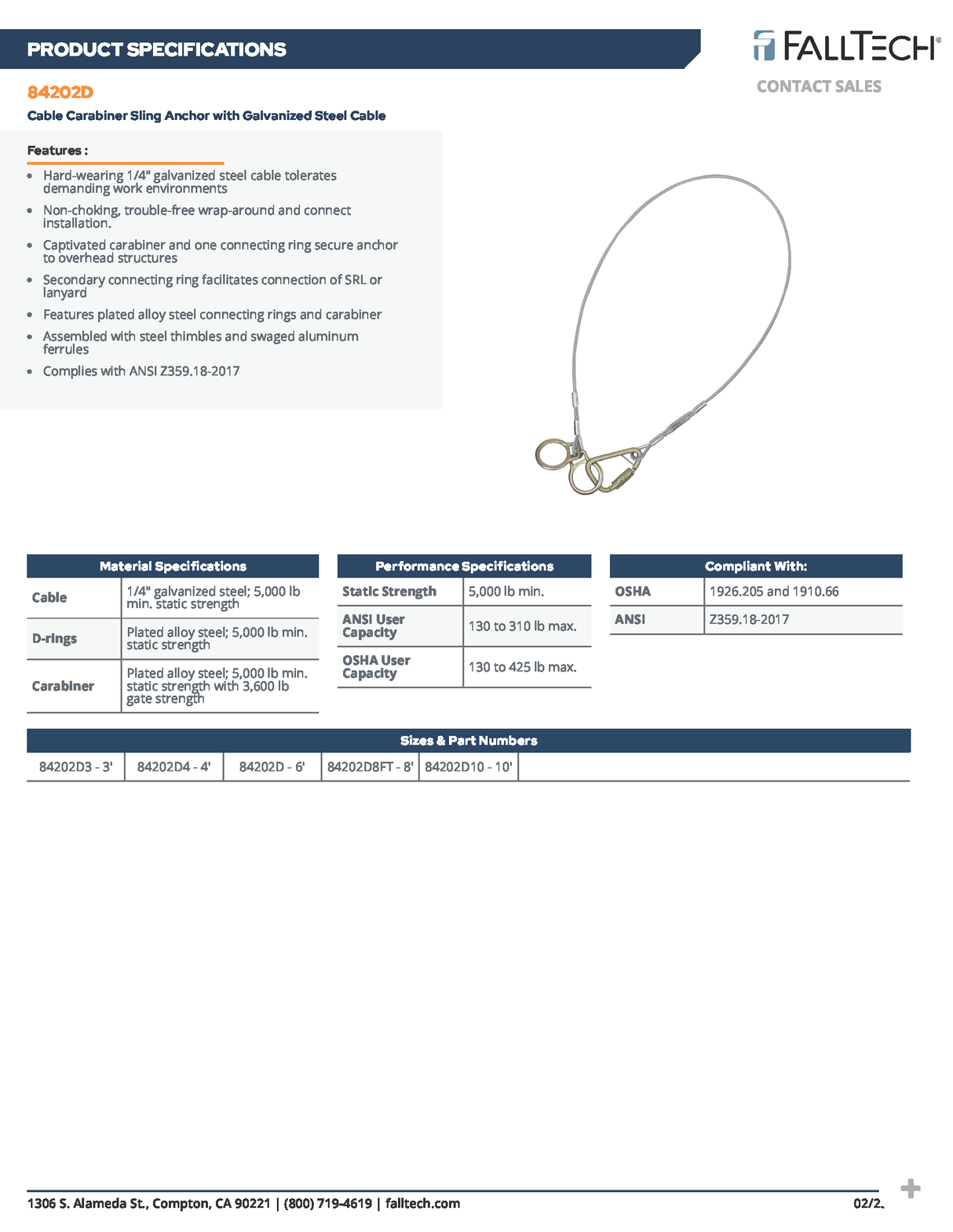 6' Cable Carabiner Sling Anchor with Galvanized Steel Cable (PN 84202D)