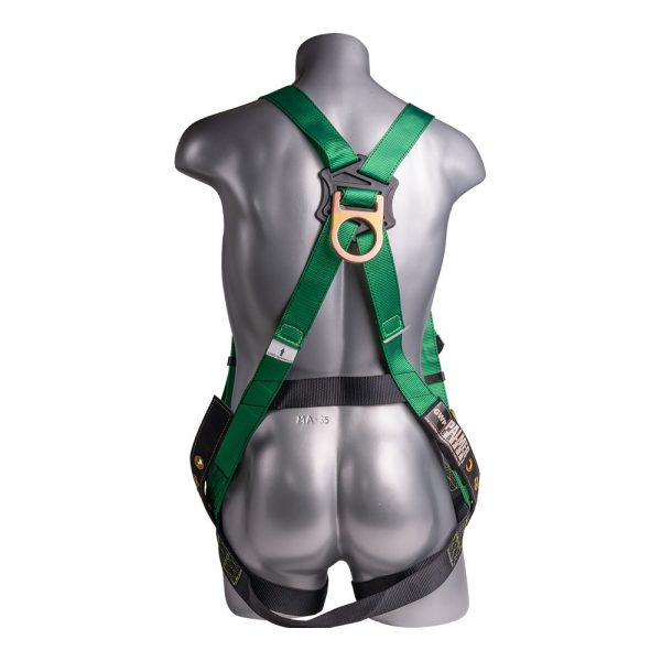 HARNESS 5PT., TONGUE AND BUCKLE LEG STRAPS, BACK D-RING., GREEN COLOR