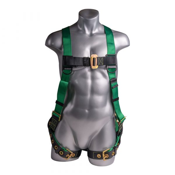 HARNESS 5PT., TONGUE AND BUCKLE LEG STRAPS, BACK D-RING., GREEN COLOR