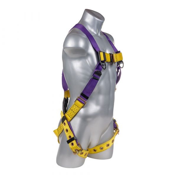 HARNESS 5PT., TONGUE AND BUCKLE LEG STRAPS, BACK D-RING, PURPLE AND YELLOW COLOR.
