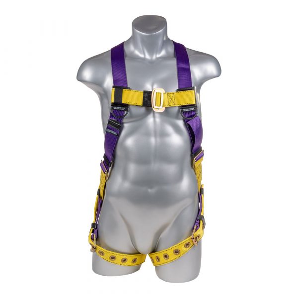 HARNESS 5PT., TONGUE AND BUCKLE LEG STRAPS, BACK D-RING, PURPLE AND YELLOW COLOR.