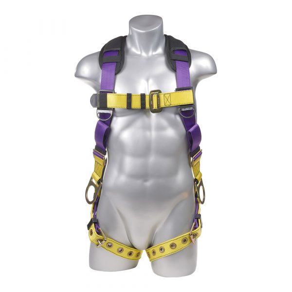 Purple Top, Black Heavy Duty Bottom with 5 point adjustment. Pass Through Chest, Grommet Legs, Back D-Rings, Sewn In Back Pad