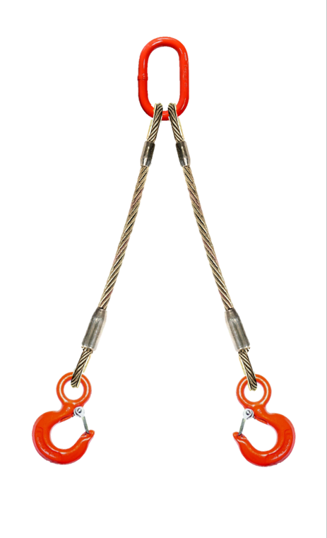 Two leg wire rope bridle with oblong master link on top and rigging/latch hooks on bottom