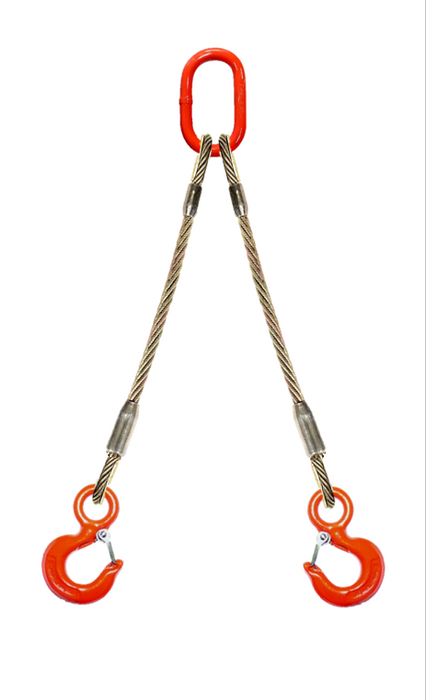 Two leg wire rope bridle with oblong master link on top and rigging/latch hooks on bottom