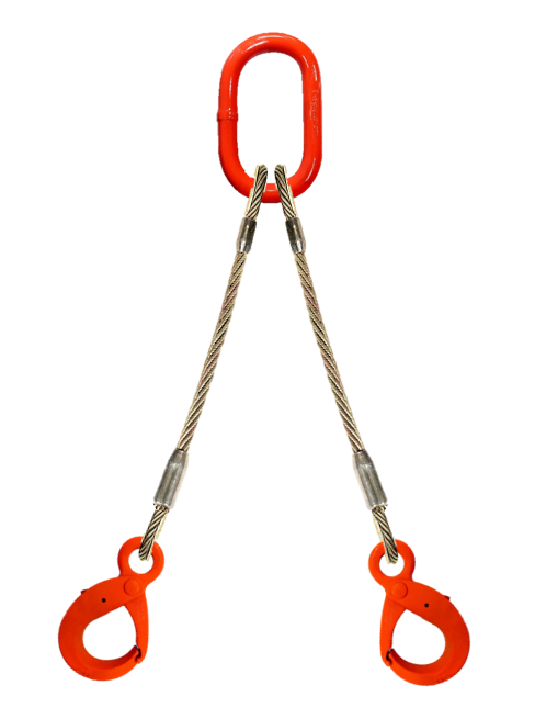 Two leg wire rope bridle with oblong master link on top and self locking hooks on bottom