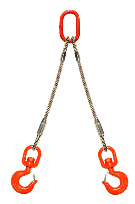 Two leg wire rope bridle with oblong master link on top and swivel rigging/latch hooks on bottom