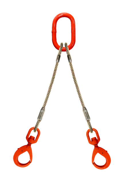 Two leg wire rope bridle with oblong master link on top and swivel self locking hooks on bottom