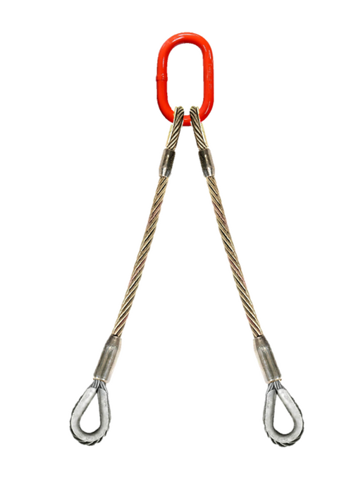 Two leg wire rope bridle with oblong master link on top and thimble eyes on bottom
